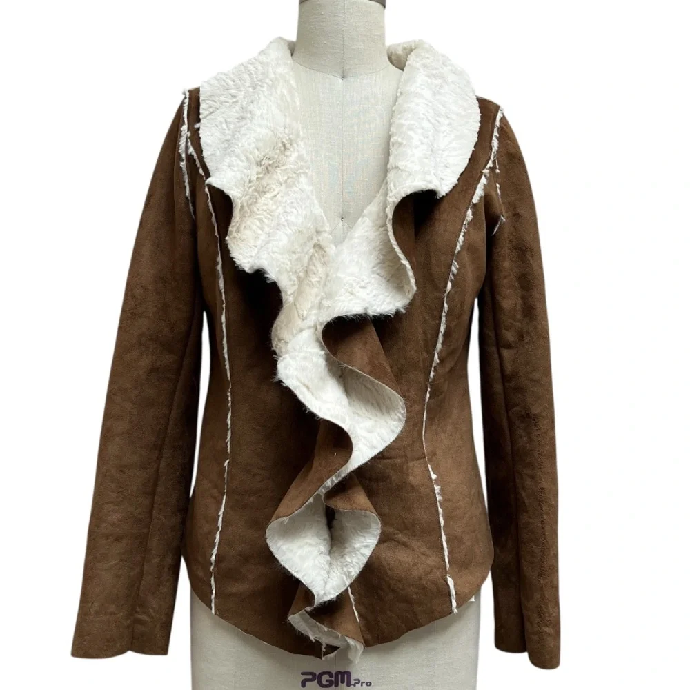 Jou Jou Shearling Coat Faux Sued Draped Collar Moto Jacket - Picture 1 of 6